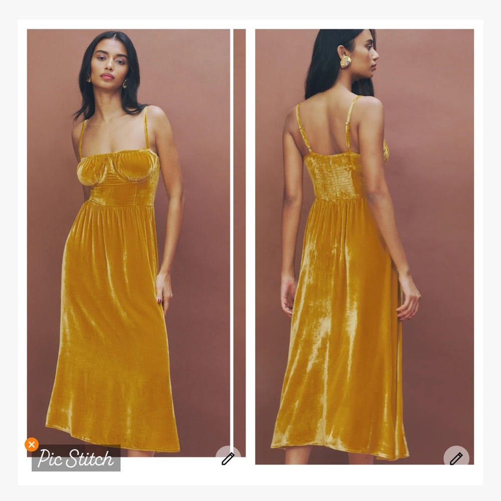 Reformation Inessa Velvet Midi Dress in Tumeric
